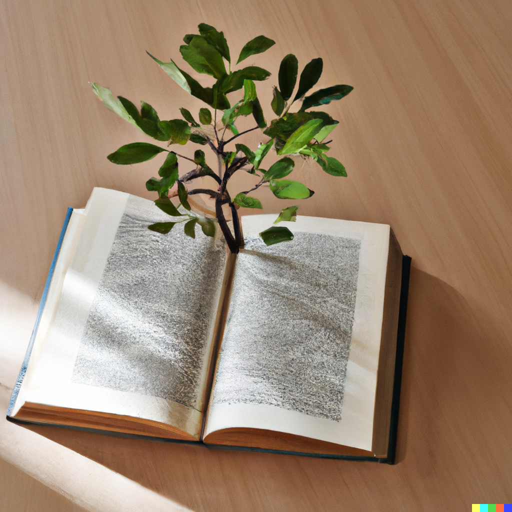 photo-looking-down-on-an-open-book-on-a-desk-which-has-a-tree-growing-out-of-it